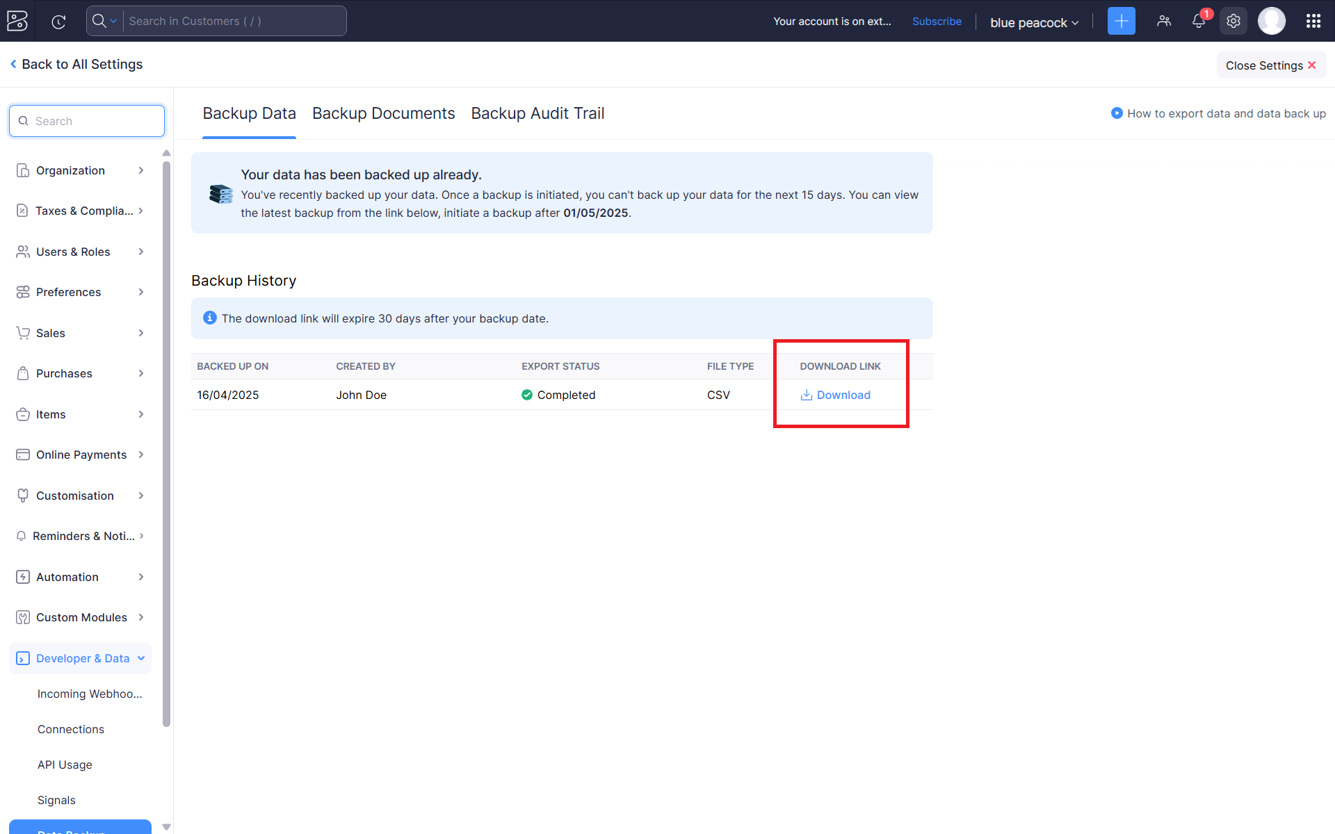 Zoho Books Data Backup Instructions