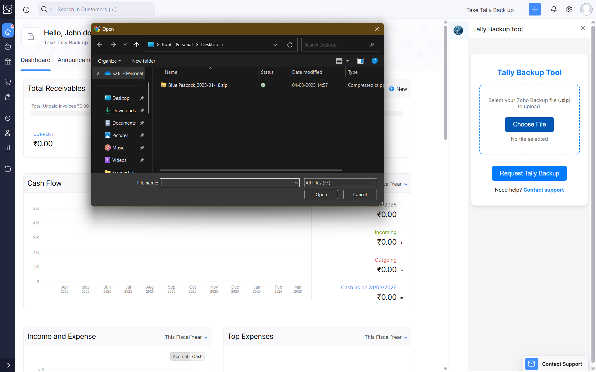 Uploading Zoho Books backup to BluePeacock